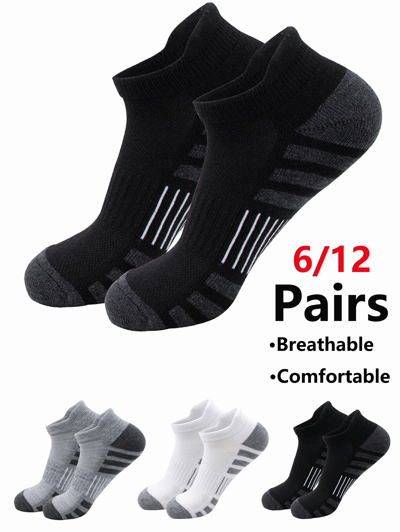 Athletic Sock Cushion - 6/24 Pairs Cushioned Breathable Ankle Athletic